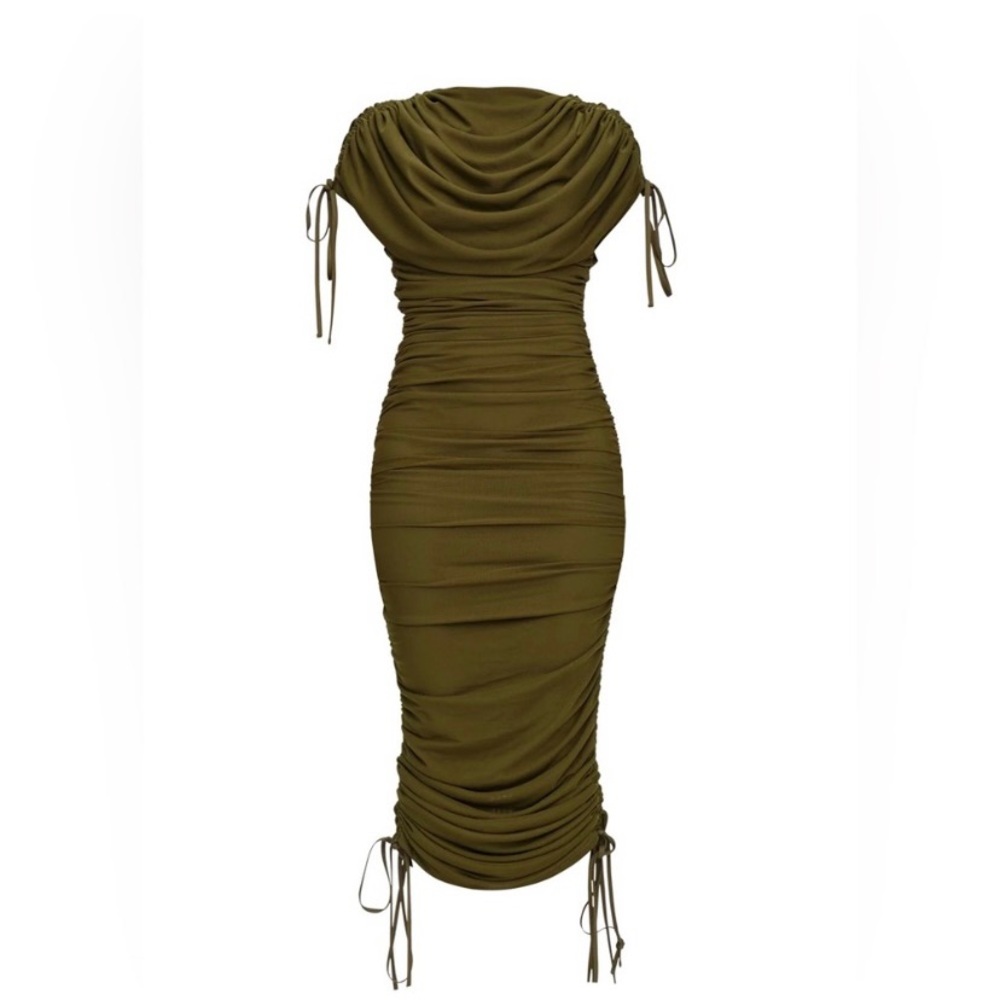 Olive Green Ruched Midi Dress - Women - Picture 3 of 3